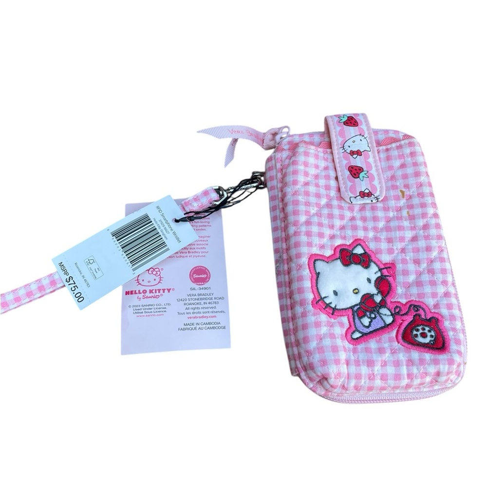 NWT Vera Bradley Hello Kitty RFID Smartphone Wristlet Gingham Strawberry